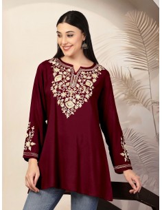 Tunique Kurti Indienne Brodée – Style Bohème Chic - Adaa Bordeaux  - 1