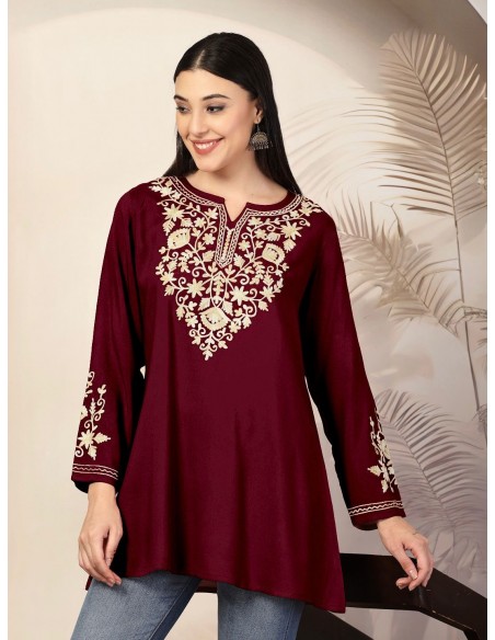 Tunique Kurti Indienne Brodée – Style Bohème Chic - Adaa Bordeaux  - 1
