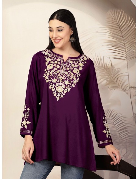 Tunique Kurti Indienne Brodée – Style Bohème Chic - Adaa Prune  - 1