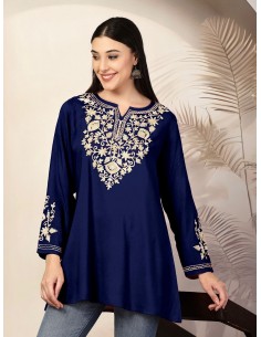 Tunique Kurti Indienne Brodée – Style Bohème Chic - Adaa Bleu  - 1