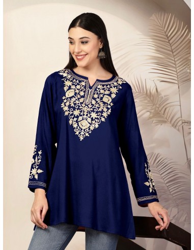 Tunique Kurti Indienne Brodée – Style Bohème Chic - Adaa Bleu  - 1