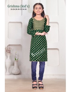 Tunique Kurti Enfant fille Brodée Grishma Vert  - 1