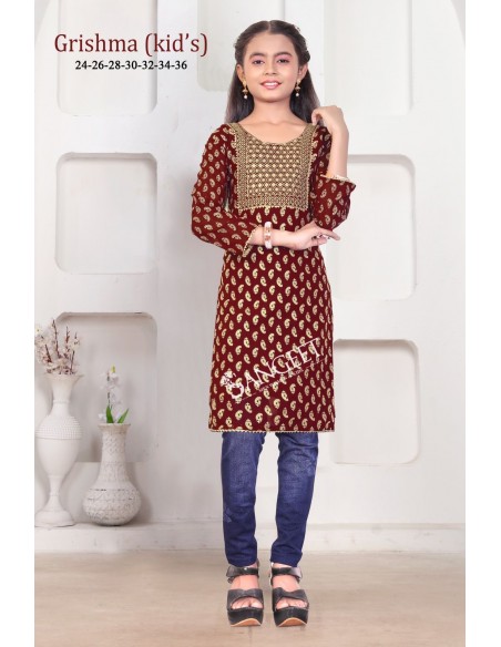 Tunique Kurti Enfant fille Brodée Grishma Rouge  - 1