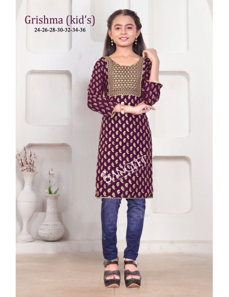Tunique Kurti Enfant fille Brodée Grishma Prune  - 1
