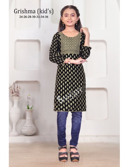 Tunique Kurti Enfant fille Brodée Grishma Noir  - 1