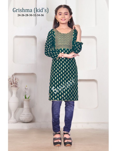 Tunique Kurti Enfant fille Brodée Grishma Bleu vert  - 1