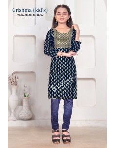Tunique Kurti Enfant fille Brodée Grishma Bleu  - 1