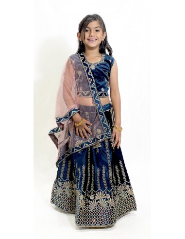 Ensemble Lehenga choli Enfant Bollywood – Rekha Bleu  - 2