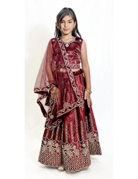 Ensemble Lehenga choli Enfant Bollywood – Rekha Bordeaux  - 2