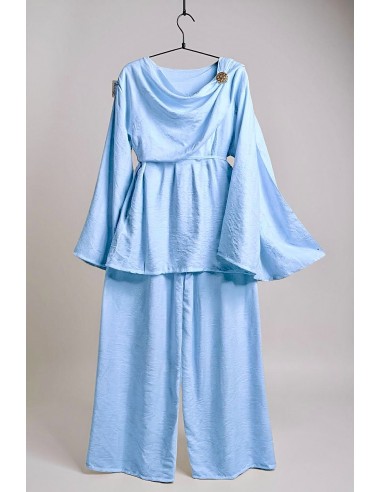 Ensemble drapé sari mastour  bleu ciel  - 1