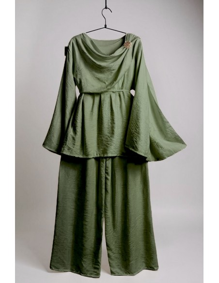 Ensemble drapé sari mastour  vert olive  - 1