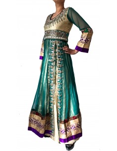 Salwar Kameez Anarkali Beige & vert  - 1 2