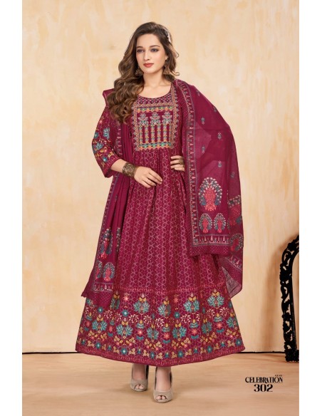 Tunique indienne Robe longue Kurti Trendy avec étole bordeaux  - 1