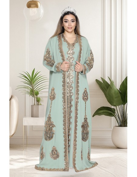 Caftan Grande Taille Femme – Modèle Takchita 2 pieces - Petit Prix Vert d eau  - 2