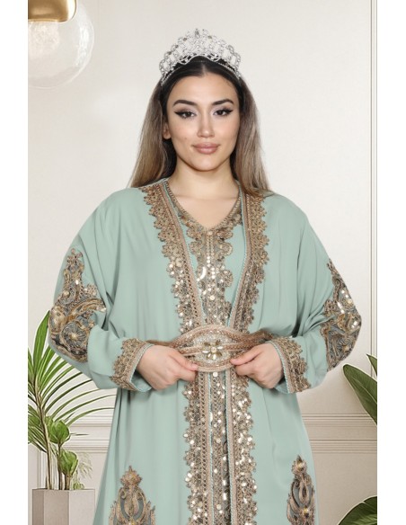 Caftan Grande Taille Femme – Modèle Takchita 2 pieces - Petit Prix Vert d eau  - 4