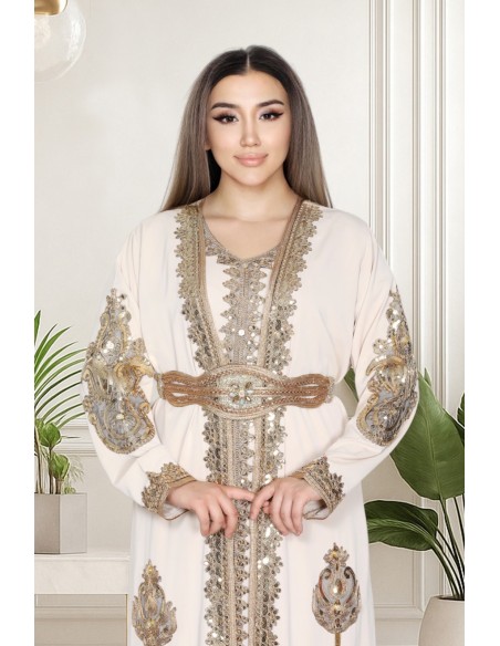 Caftan Grande Taille Femme – Modèle Takchita 2 pieces - Petit Prix Beige  - 5