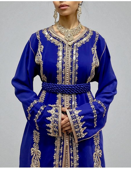 Caftan bleu royal brodé or – Robe traditionnelle orientale élégante  - 2