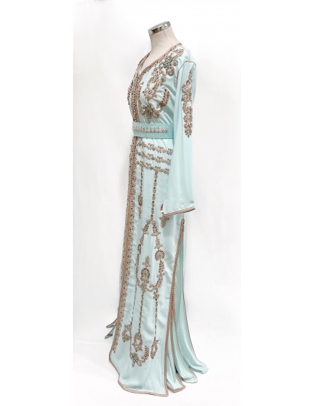 Caftan bleu ciel brodé bronze et turquoise – Robe de cérémonie orientale  - 5