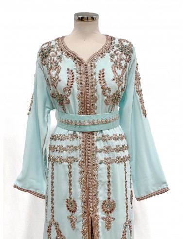 Caftan bleu ciel brodé bronze et turquoise – Robe de cérémonie orientale  - 4