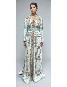 Caftan bleu ciel brodé bronze et turquoise – Robe de cérémonie orientale  - 1