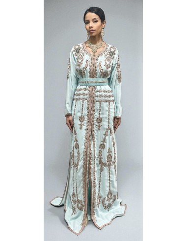 Caftan bleu ciel brodé bronze et turquoise – Robe de cérémonie orientale  - 1
