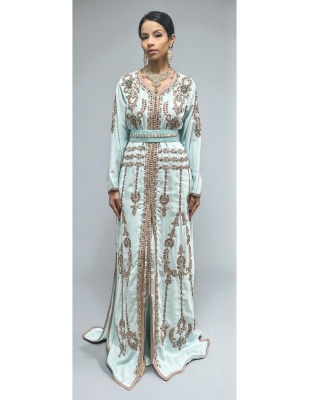 Caftan bleu ciel brodé bronze et turquoise – Robe de cérémonie orientale  - 1