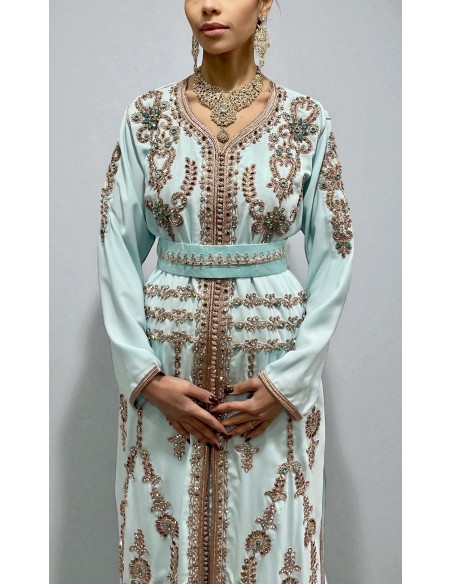 Caftan bleu ciel brodé bronze et turquoise – Robe de cérémonie orientale  - 2