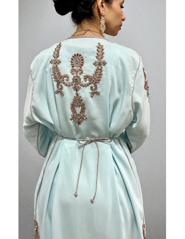 Caftan bleu ciel brodé bronze et turquoise – Robe de cérémonie orientale  - 3