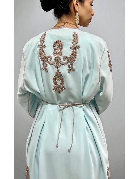 Caftan bleu ciel brodé bronze et turquoise – Robe de cérémonie orientale  - 3