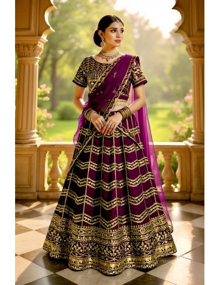 Lehenga Choli prune Brodé Doré avec Dupatta –Tenue Indienne de Cérémonie et Mariage  - 1