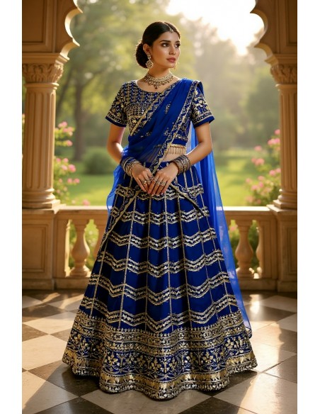 Lehenga Choli bleu royal Brodé Doré avec Dupatta –Tenue Indienne de Cérémonie et Mariage  - 1