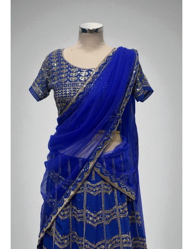 Lehenga Choli bleu royal Brodé Doré avec Dupatta –Tenue Indienne de Cérémonie et Mariage  - 3