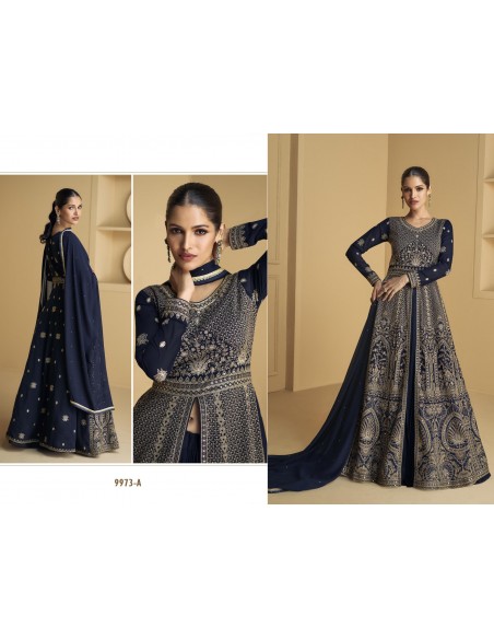 Gown indienne pakistanaise anarkali salwar churidar Lukmari Bleu marine  - 3