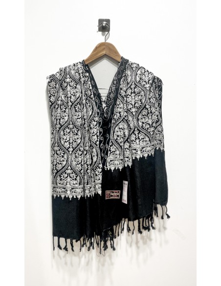 Pashmina Indien Brodé Echarpe Haute Gamme Noir  - 1