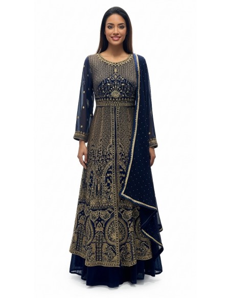 robe indienne pakistanaise Anarkali impériale bleu marine  - 1