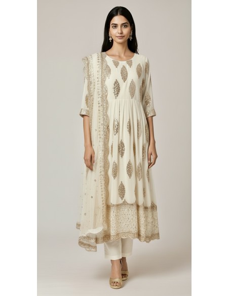Anarkali blanc cassé avec sequins dorées  - 1