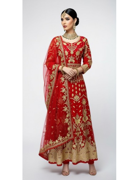 Robe de Mariage Indienne Brodée - Élégance et Raffinement Rouge  - 1