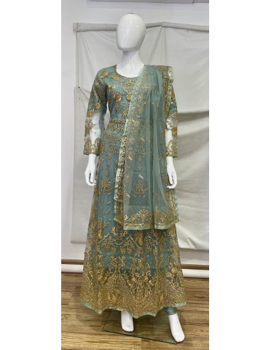 Robe de Mariage Indienne Brodée - Élégance et Raffinement Vert Menthe  - 2