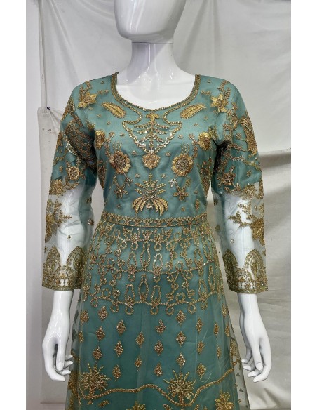 Robe de Mariage Indienne Brodée - Élégance et Raffinement Vert Menthe  - 3
