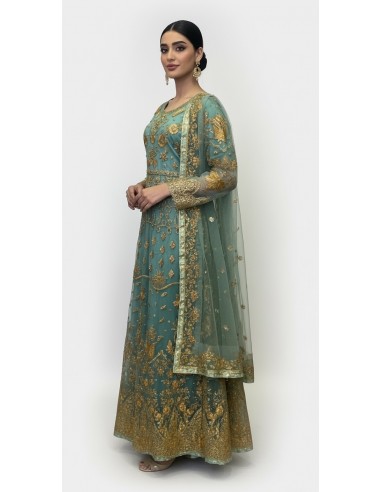 Robe de Mariage Indienne Brodée - Élégance et Raffinement Vert Menthe  - 1
