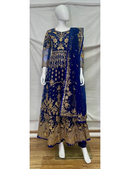 Robe de Mariage Indienne Brodée - Élégance et Raffinement Bleu Royal  - 2