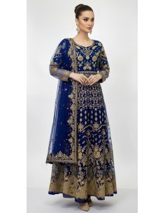 Robe de Mariage Indienne Brodée - Élégance et Raffinement Bleu Royal  - 1