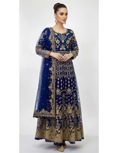 Robe de Mariage Indienne Brodée - Élégance et Raffinement Bleu Royal  - 1