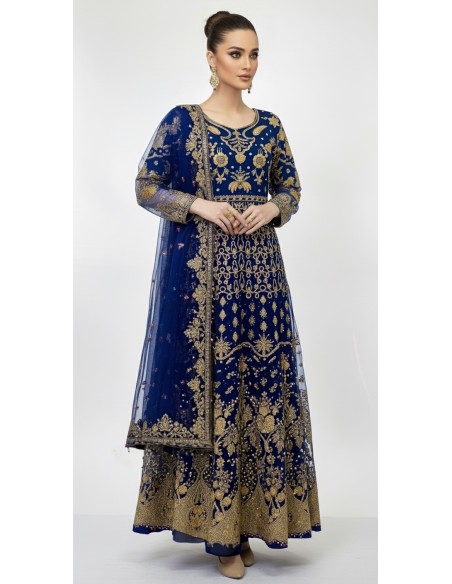 Robe de Mariage Indienne Brodée - Élégance et Raffinement Bleu Royal  - 1