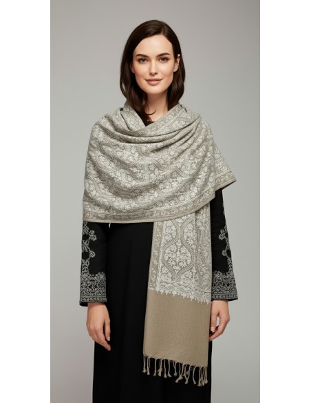 Pashmina Indien Brodé Echarpe Haute Gamme Beige  - 1
