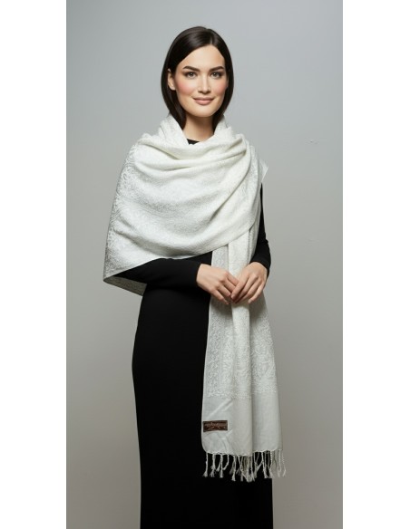 Pashmina Indien Brodé Echarpe Haute Gamme Blanc  - 1