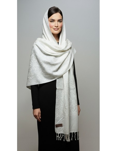 Pashmina Indien Brodé Echarpe Haute Gamme Blanc  - 2