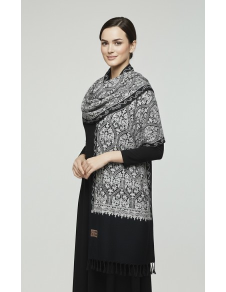 Pashmina Indien Brodé Echarpe Haute Gamme Noir  - 1