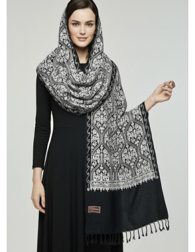 Pashmina Indien Brodé Echarpe Haute Gamme Noir  - 2