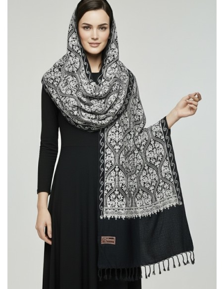 Pashmina Indien Brodé Echarpe Haute Gamme Noir  - 2